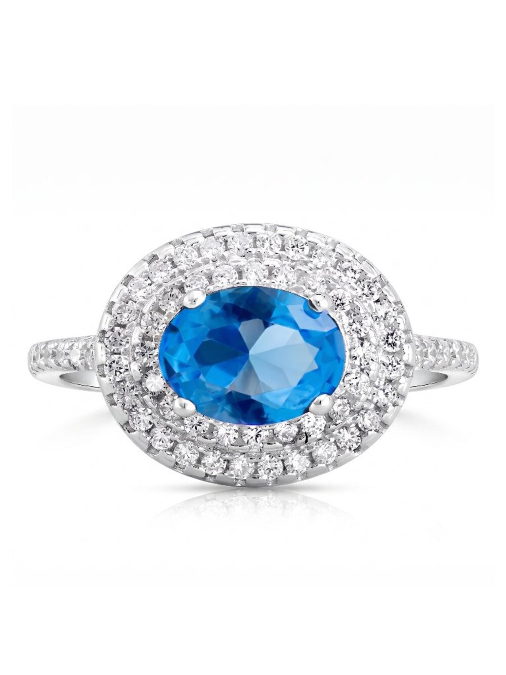 Oval Blue Topaz Double Halo Gemstone Ring, 925 Sterling Silver Charmed Aroma